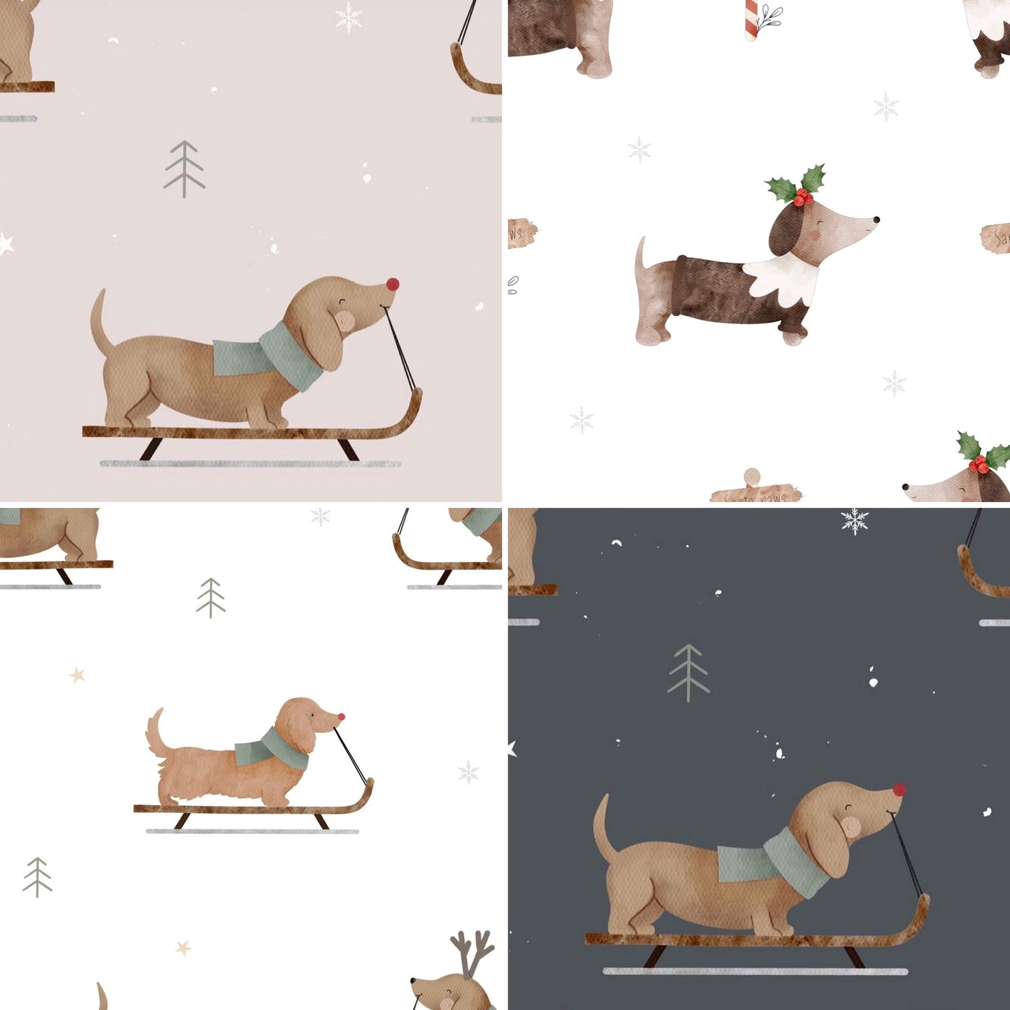 Set of four fabric swatches featuring dachshund dogs in winter-themed patterns.