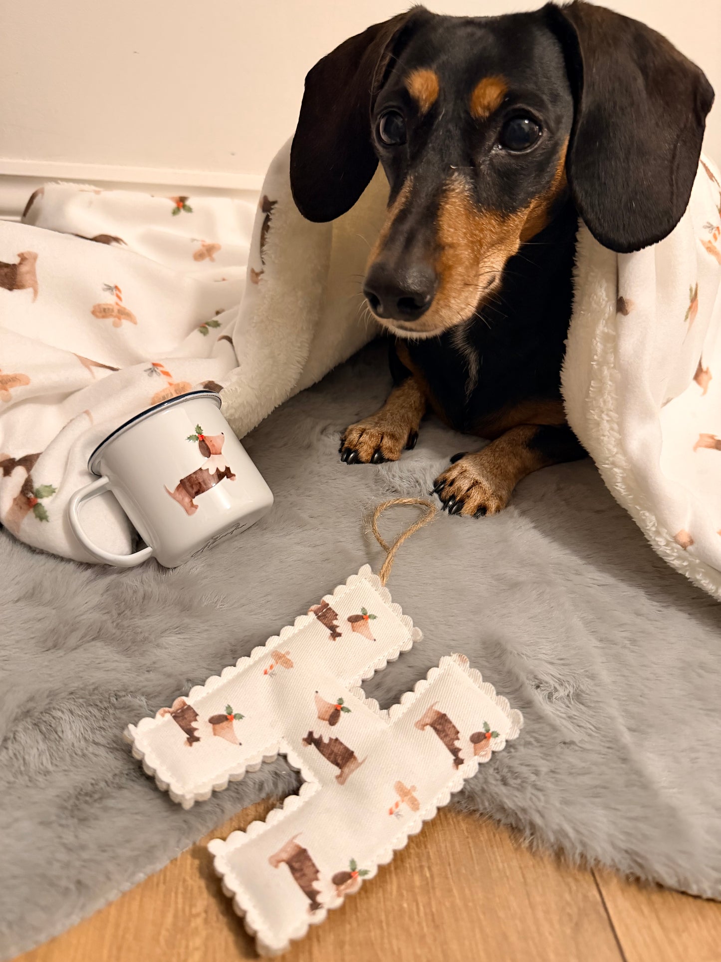 Small dog lying on a blanket with a mug and decorative items featuring dog illustrations.