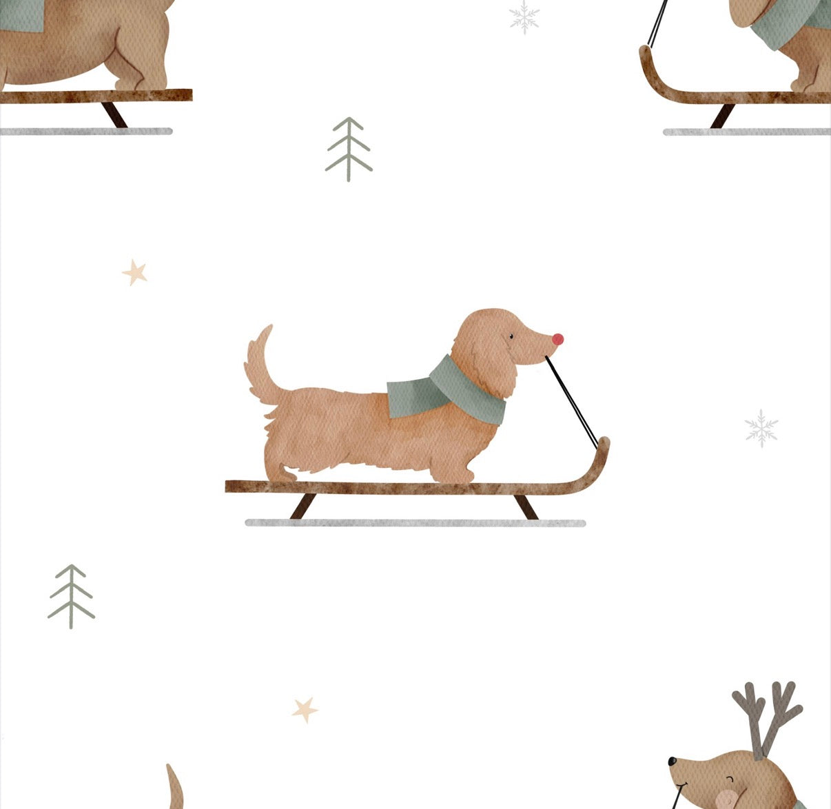 Illustration of a dog on a sled with a scarf, surrounded by small trees and stars on a white background.