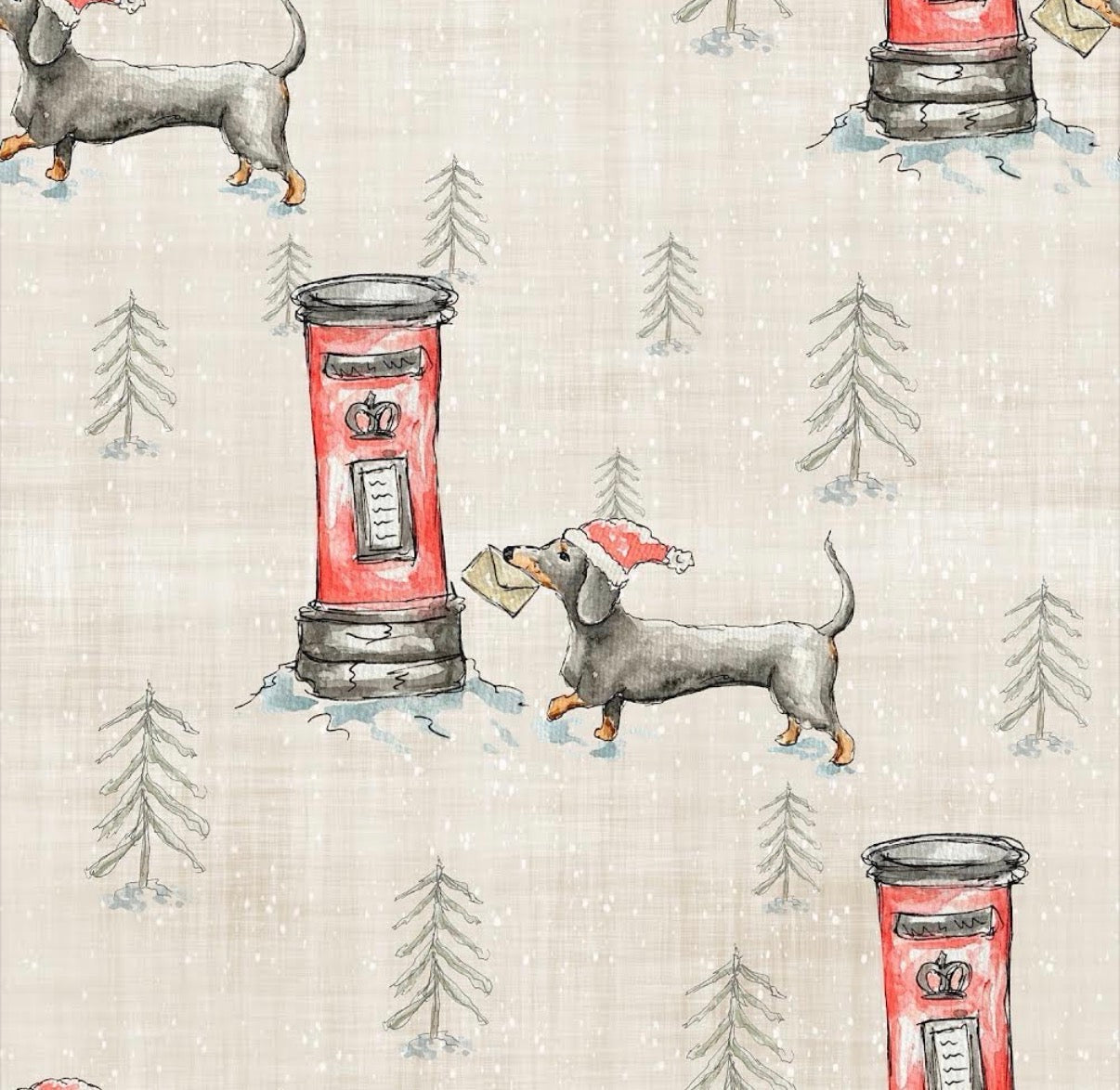 Pattern of dachshunds and red mailboxes with Christmas hats on a textured background.