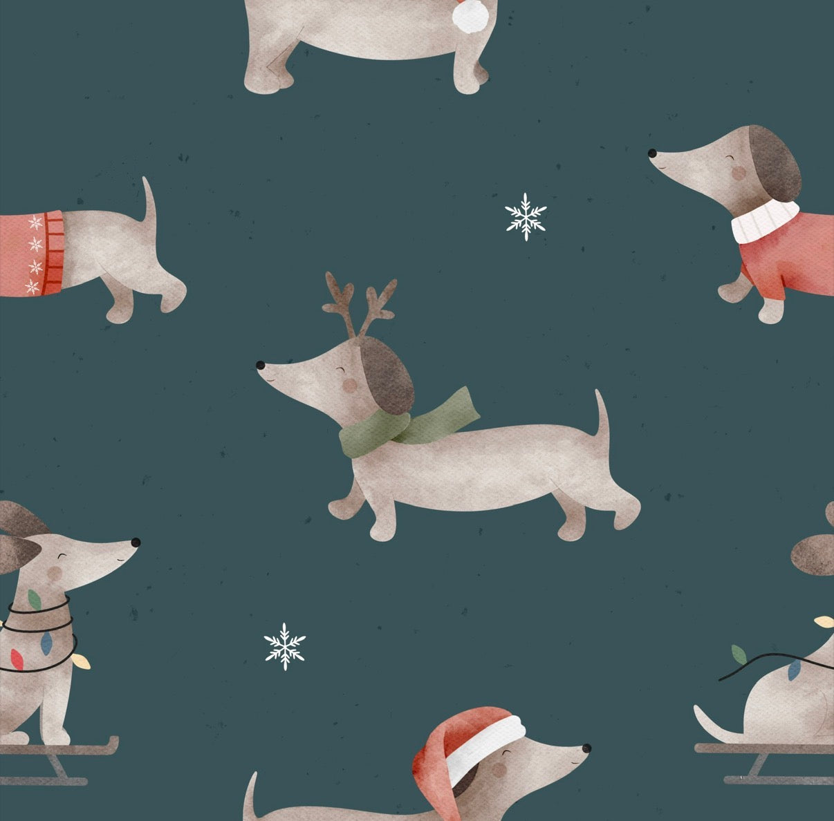 Pattern of Christmas-themed dogs on a dark blue background with snowflakes.