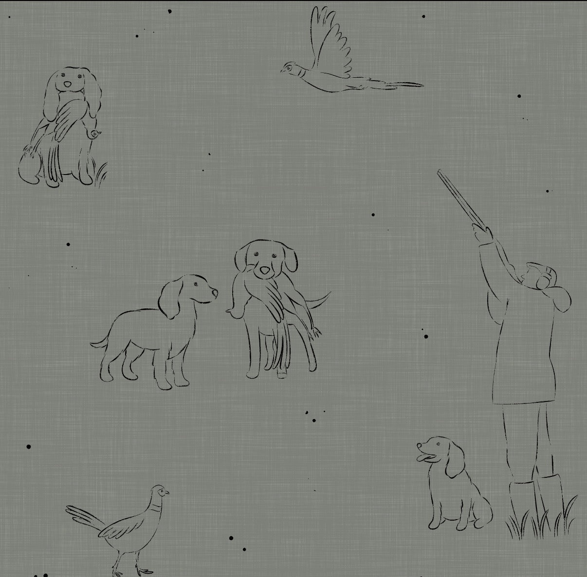 Pattern of dogs, a person with a gun, and birds on a textured gray background