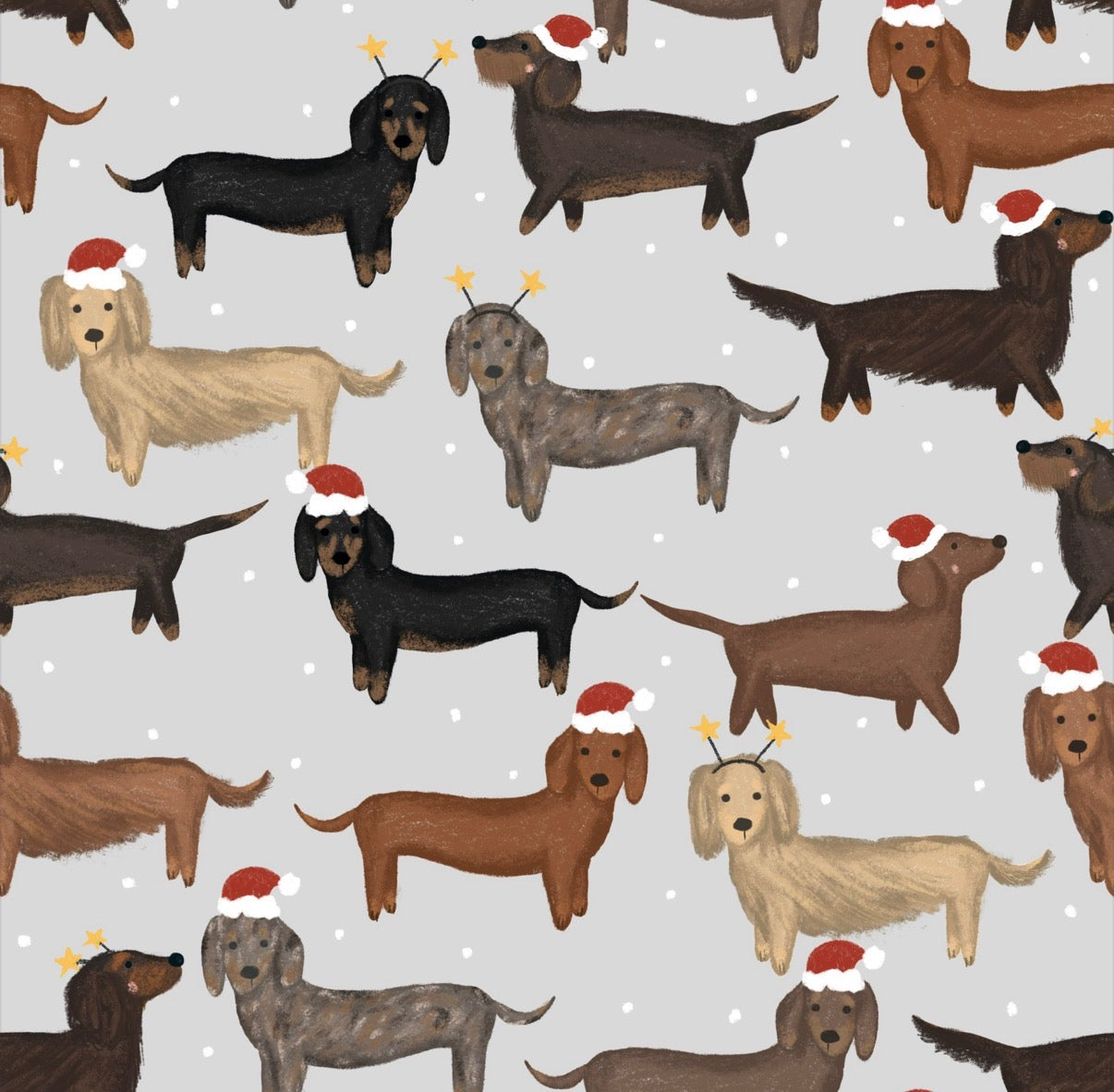 Pattern of dachshunds wearing Christmas hats on a light gray background