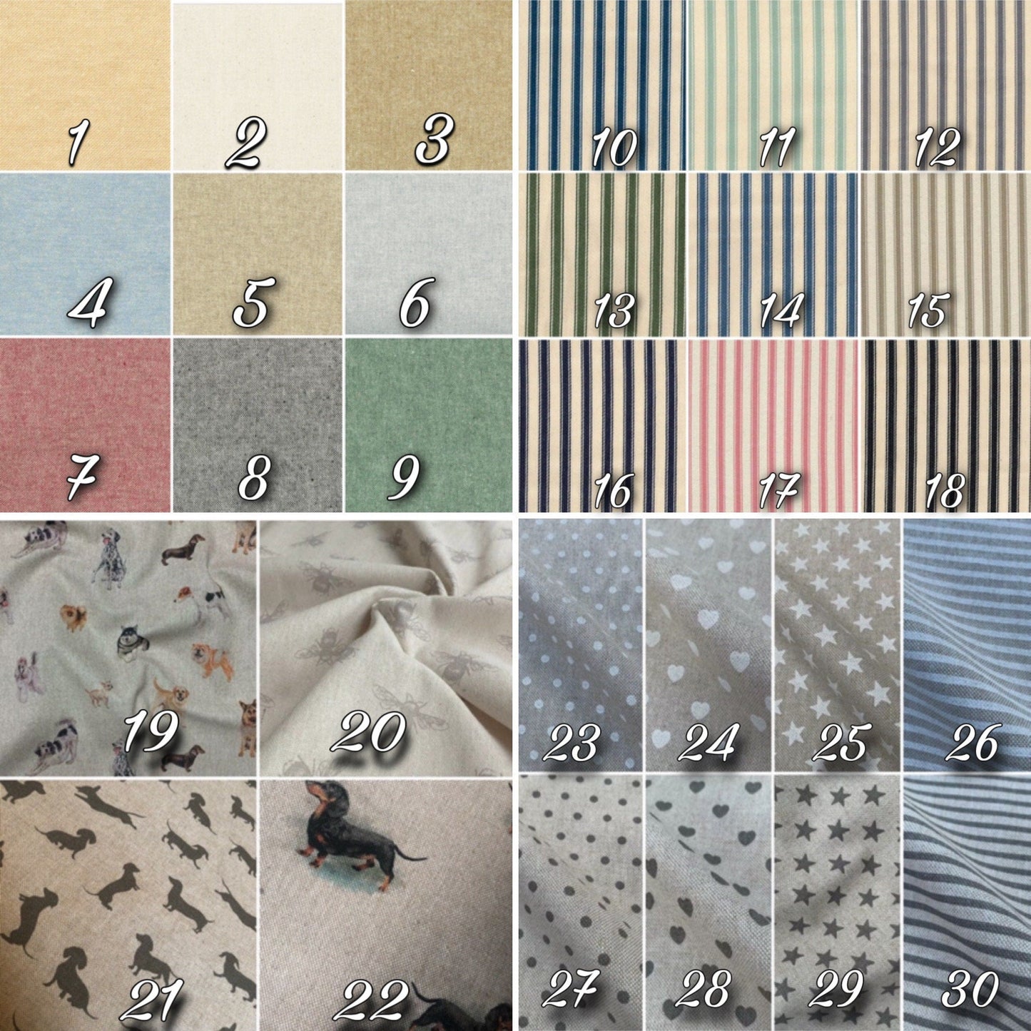 Samples of differnt fabrics, bees, dots, stripes, dogs, hearts and stars