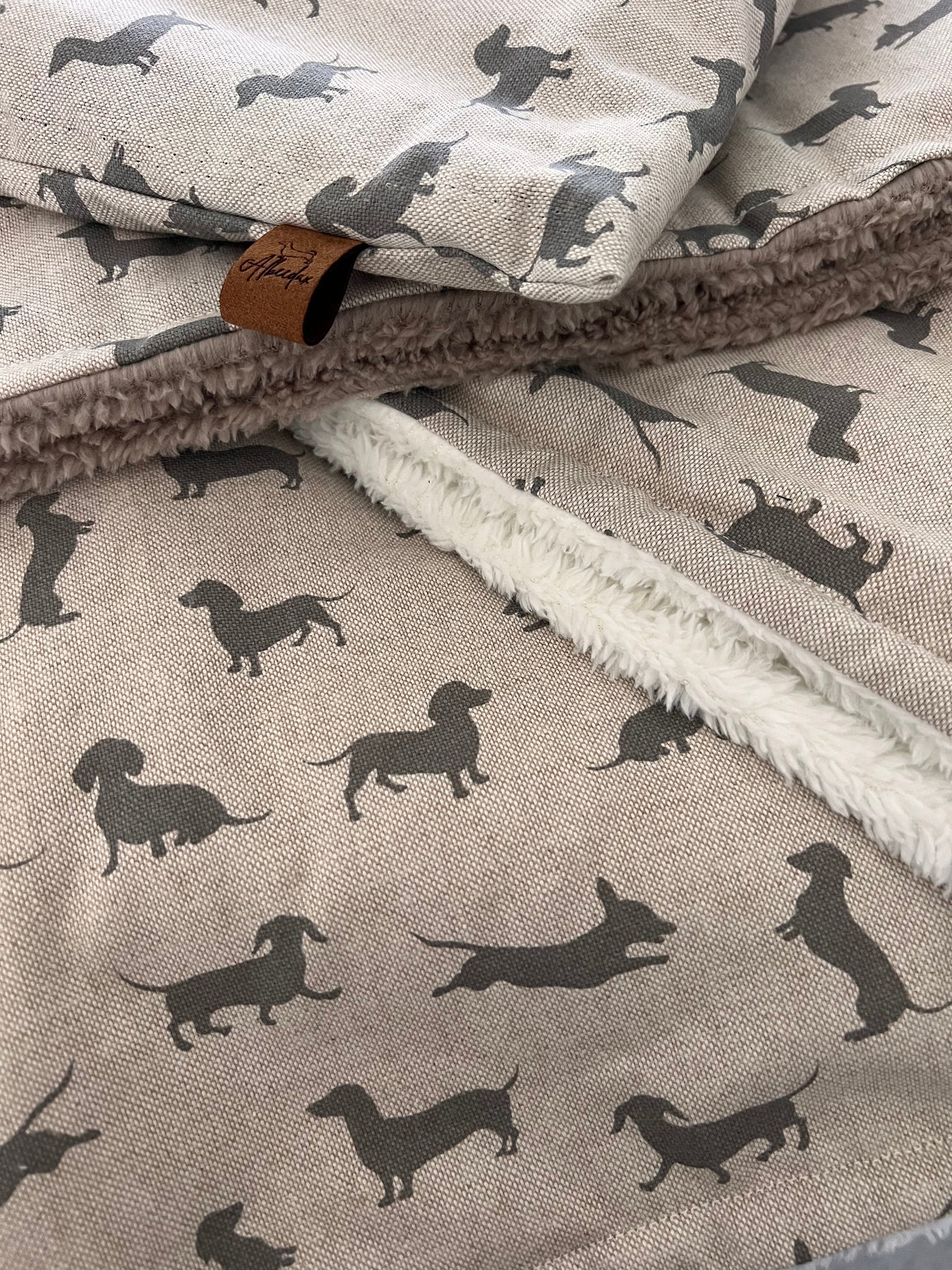 Snuggle sacks for summer dog/ dachshund print with soft cosy lining in natural and grey