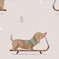 Illustration of a dachshund on a sled with a scarf, surrounded by small trees and stars on a light gray background.