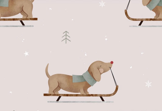 Illustration of a dachshund on a sled with a scarf, surrounded by small trees and stars on a light gray background.