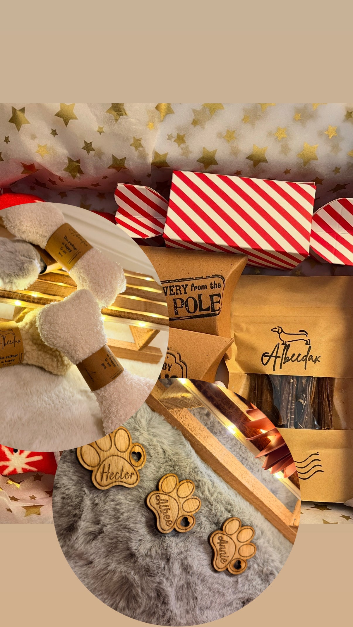 Dog toys and treats with branded packaging on a neutral background