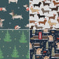 Four different Christmas-themed fabric patterns featuring dogs, trees, and British elements.