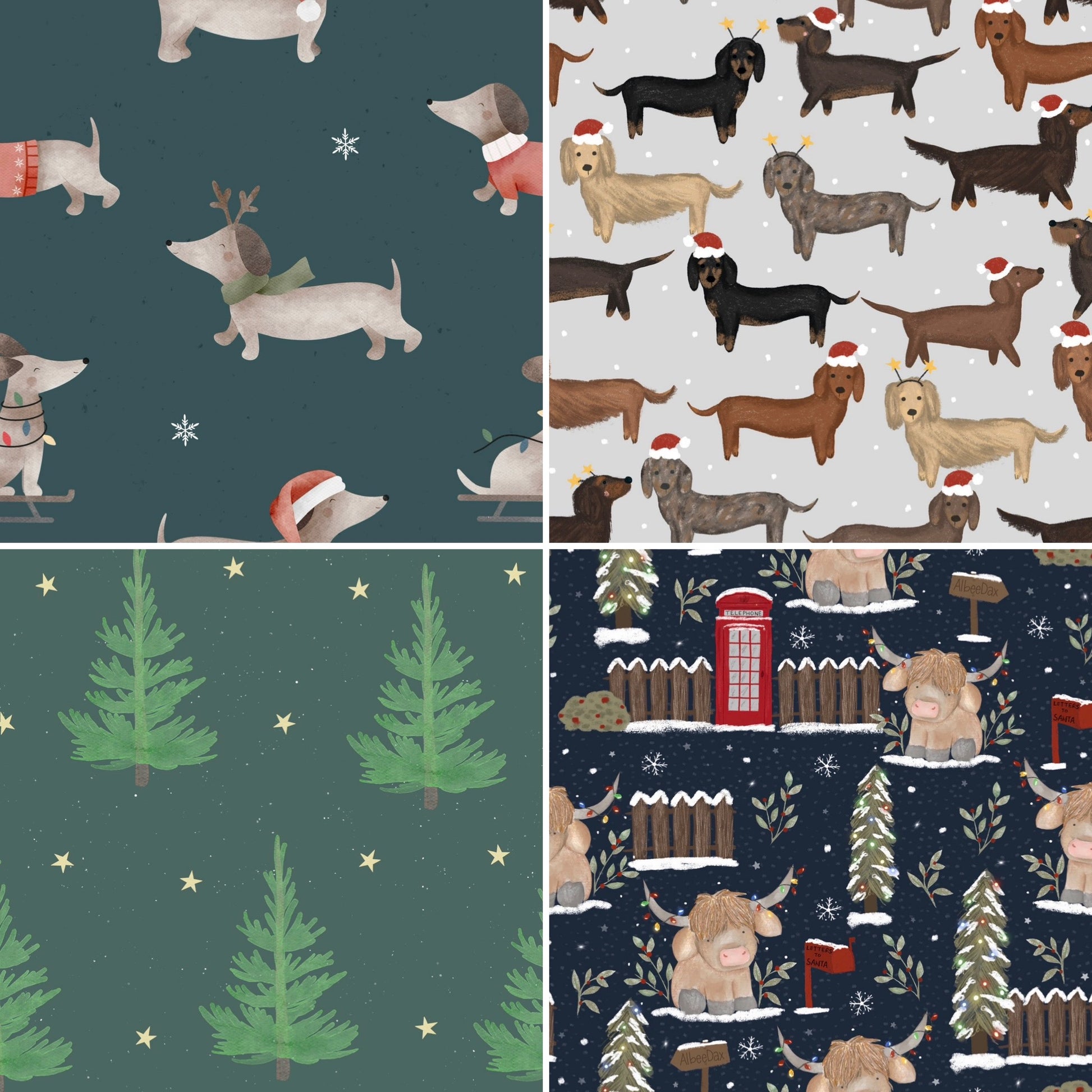 Four different Christmas-themed fabric patterns featuring dogs, trees, and British elements.