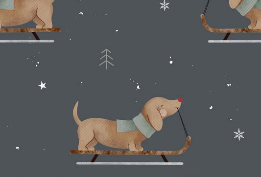 Illustration of a dog on a sled with a person in the background against a snowy landscape.