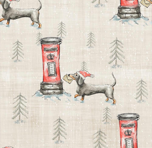 Pattern of dachshunds and red mailboxes with Christmas hats on a textured background.
