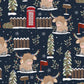 Pattern of highland cows, Christmas trees, and a red phone box on a dark blue background.
