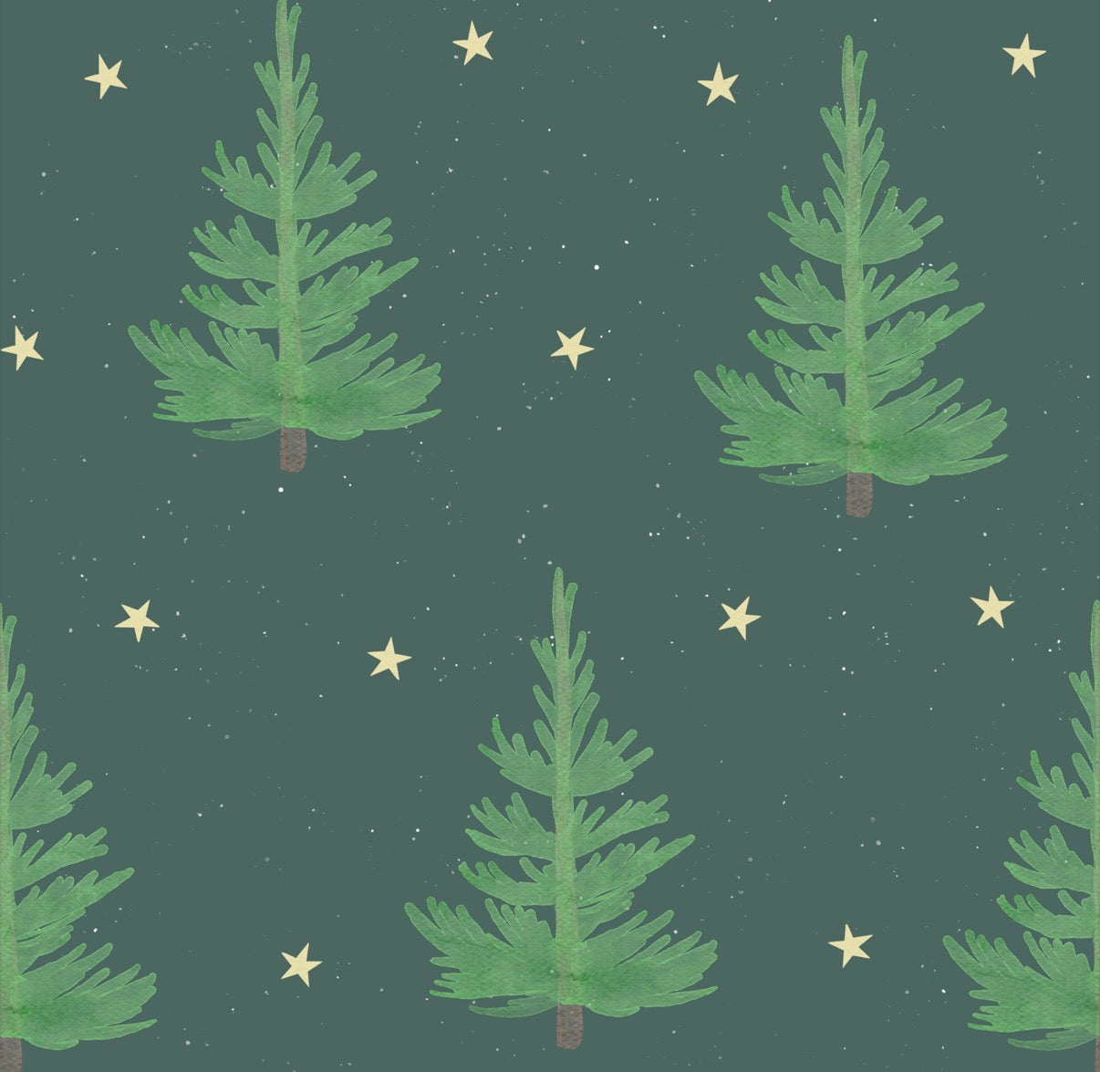 Pattern of green trees and stars on a dark green background