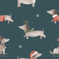 Pattern of Christmas-themed dogs on a dark blue background with snowflakes.