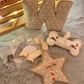 Dog decorations including a bone, star, and paw-shaped toy on a textured surface.