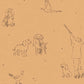 Illustrations of dogs, a person with a gun, and birds on a brown background