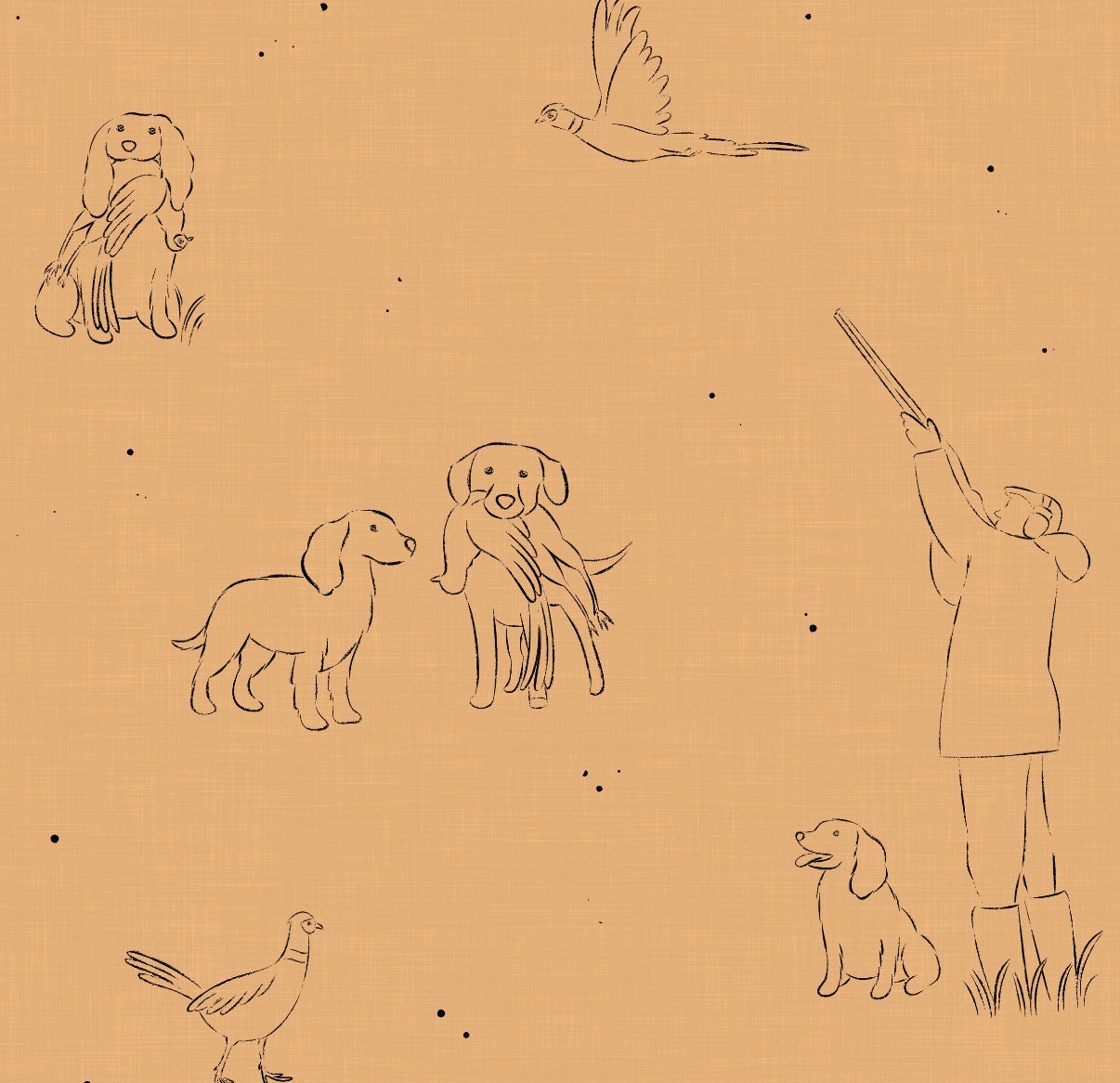 Illustrations of dogs, a person with a gun, and birds on a brown background