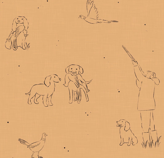Illustrations of dogs, a person with a gun, and birds on a brown background