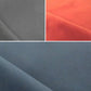 Three fabric swatches in gray, orange, and blue.