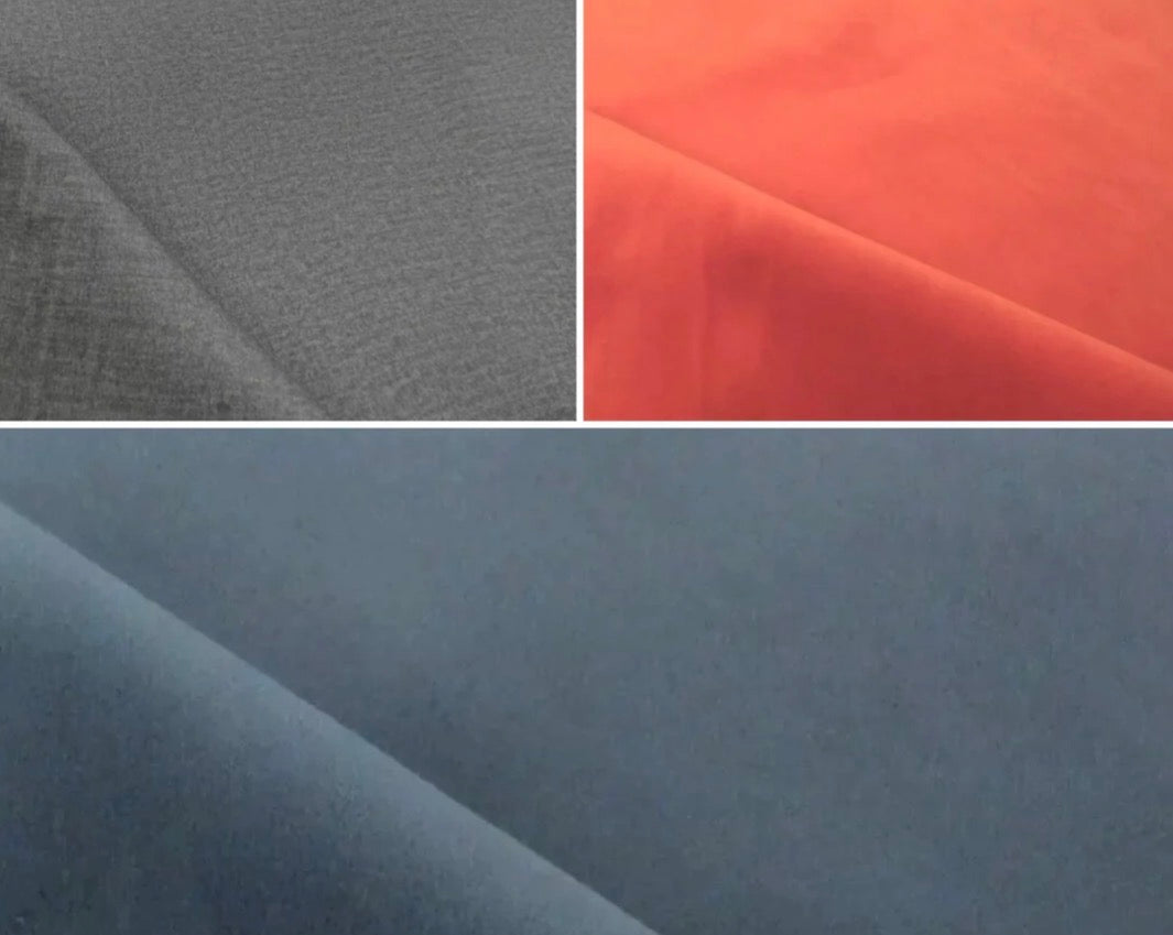 Three fabric swatches in gray, orange, and blue.