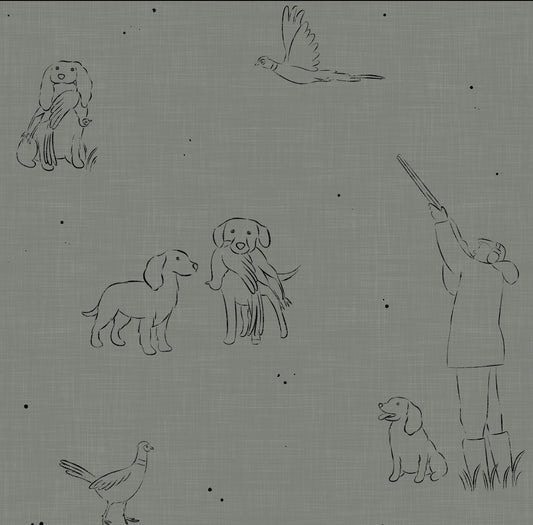 Pattern of dogs, a person with a gun, and birds on a textured gray background