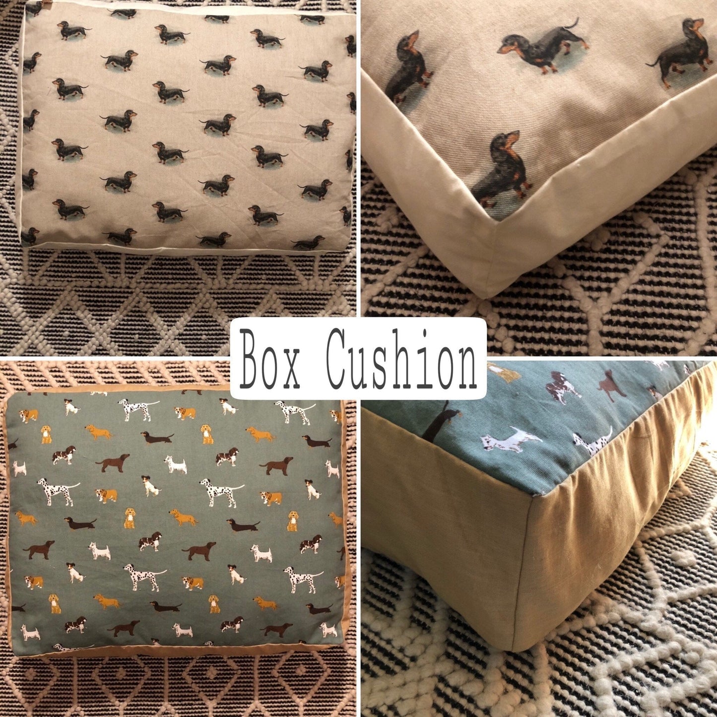 Pictures showing a box cushion examples- they look like small mattresses 